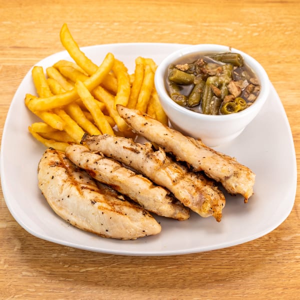 Grilled chicken tenders, golden french fries, and a side of stewed okra on a white plate.