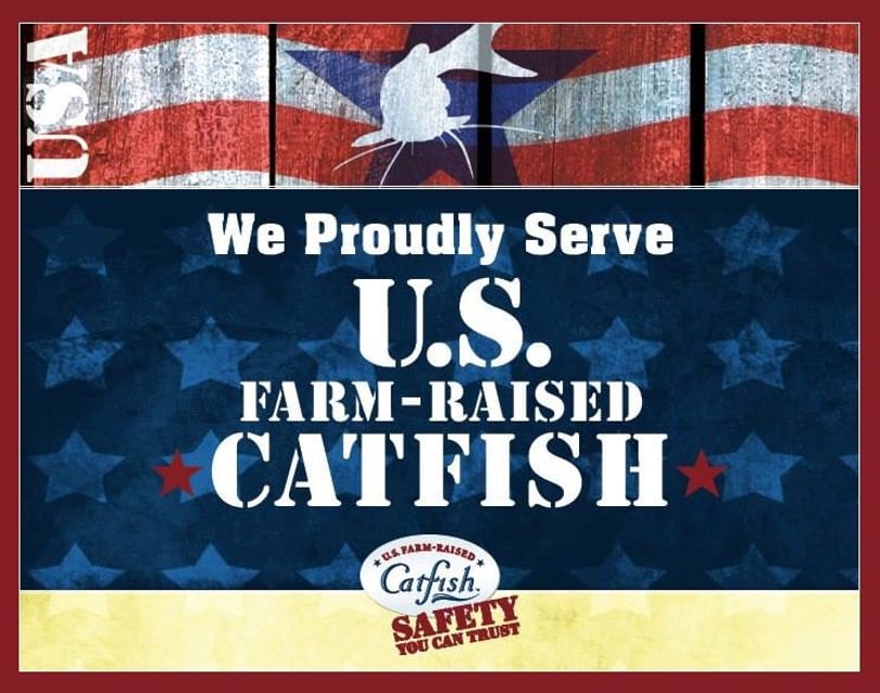 Promotional graphic for U.S. Farm-Raised Catfish, featuring American flag motifs and text.