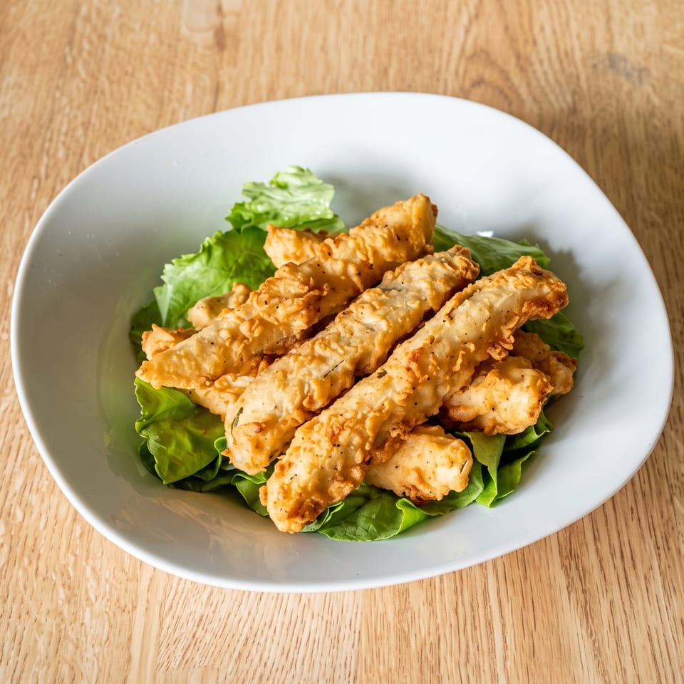 Crispy golden fried chicken strips arranged over fresh green lettuce on a white plate atop a wooden table.